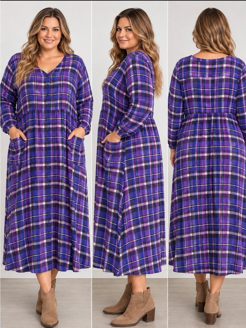 Only Necessities Purple Plaid Cotton Snap Front Maxi Dress Pockets Size 18/20 L